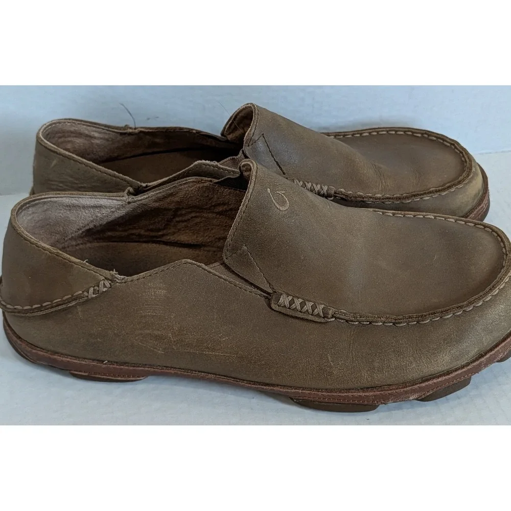 Olukai Moloa Men's Leather Slip On Loafers Brown Casual Shoes Size 10.5